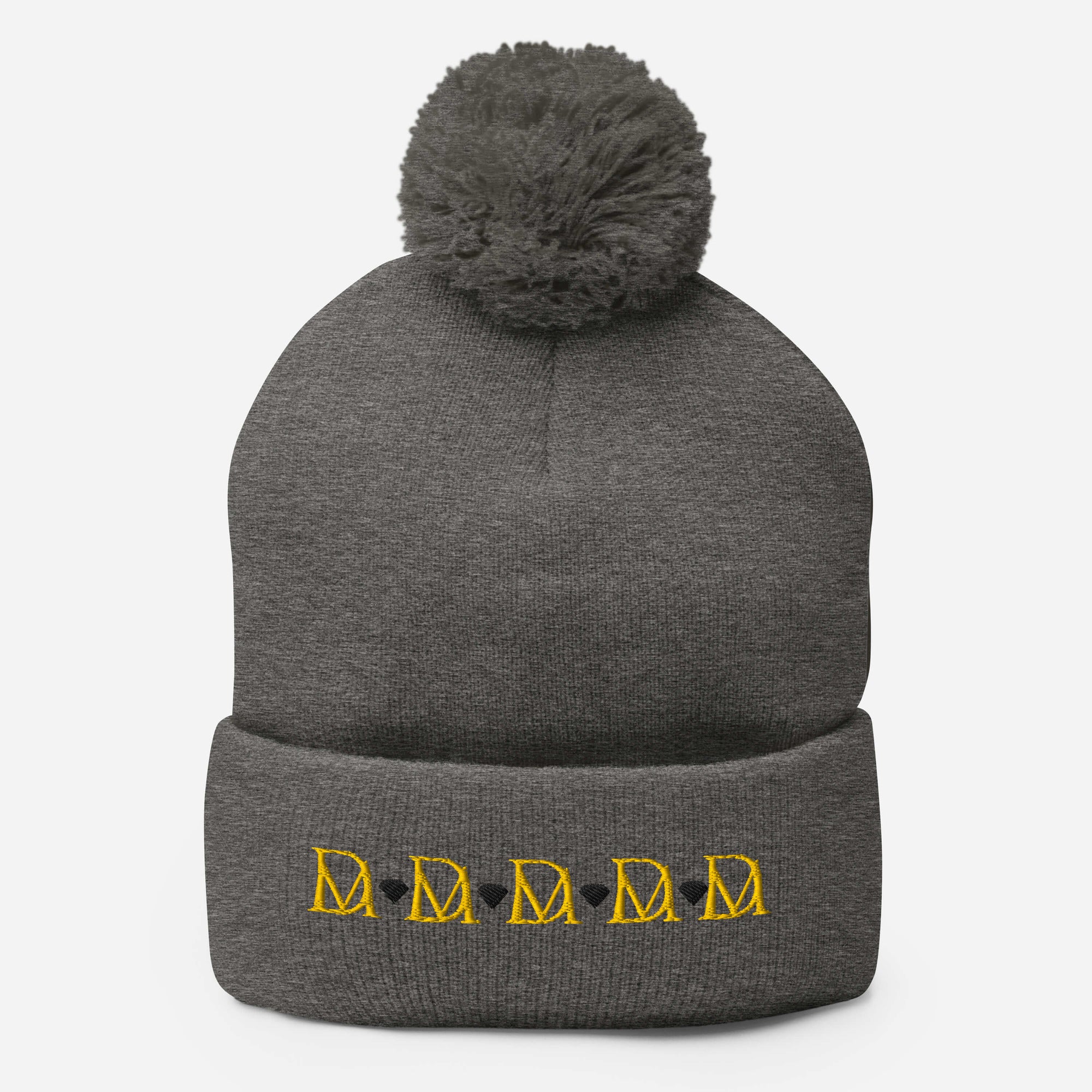 Daemon Luxury Stormless Dim Sun Glow pom-pom-knit wool cap in dark heather grey, showcasing front view and cozy knit texture.