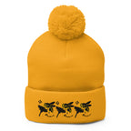 Golden honeybee Pom-Pom Knit Cap by Daemon Luxury with a front view and plush pom-pom detail.