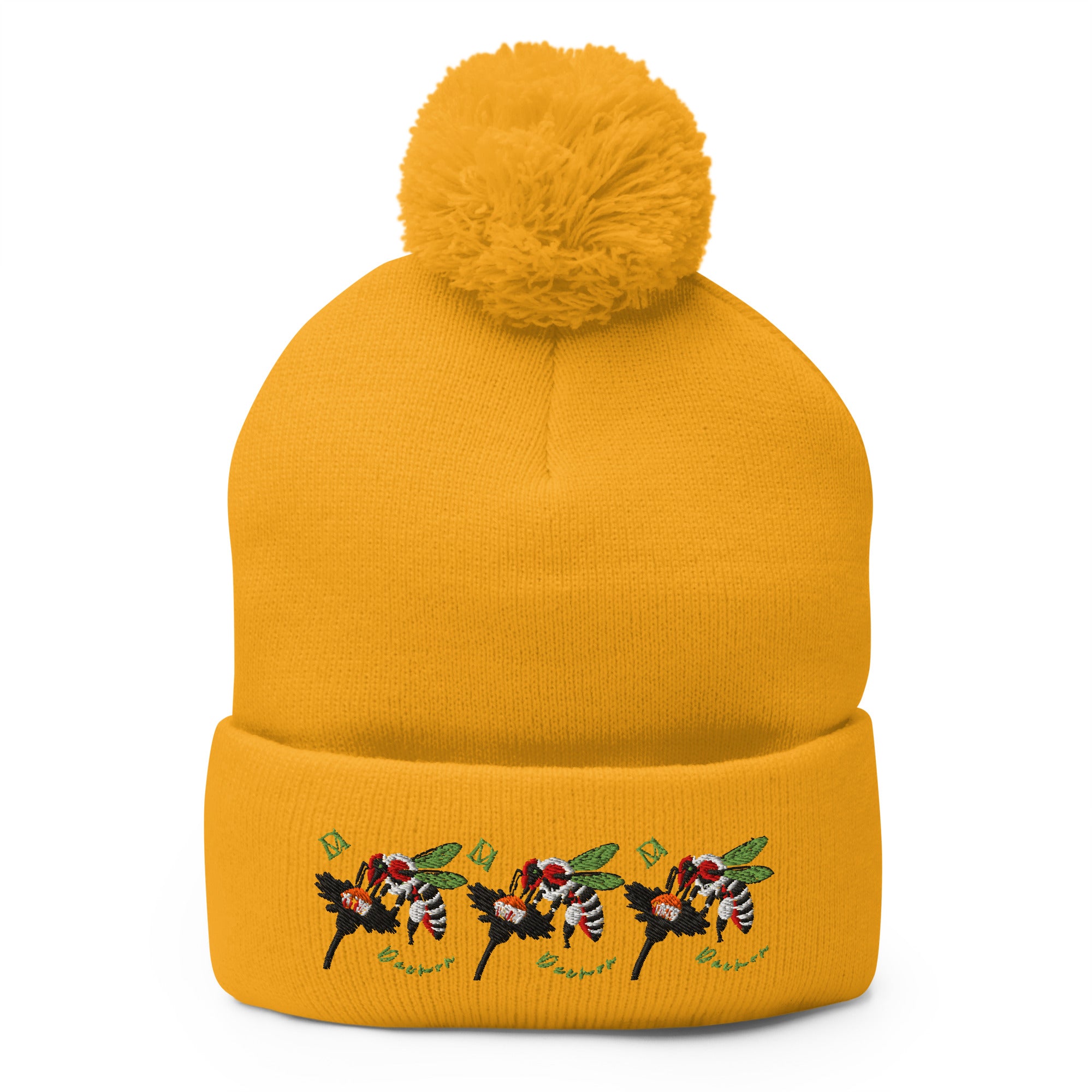 Daemon Luxury Honeybee California Gold Tender berretto lana with pom-pom knit cap showing front view in gold color.