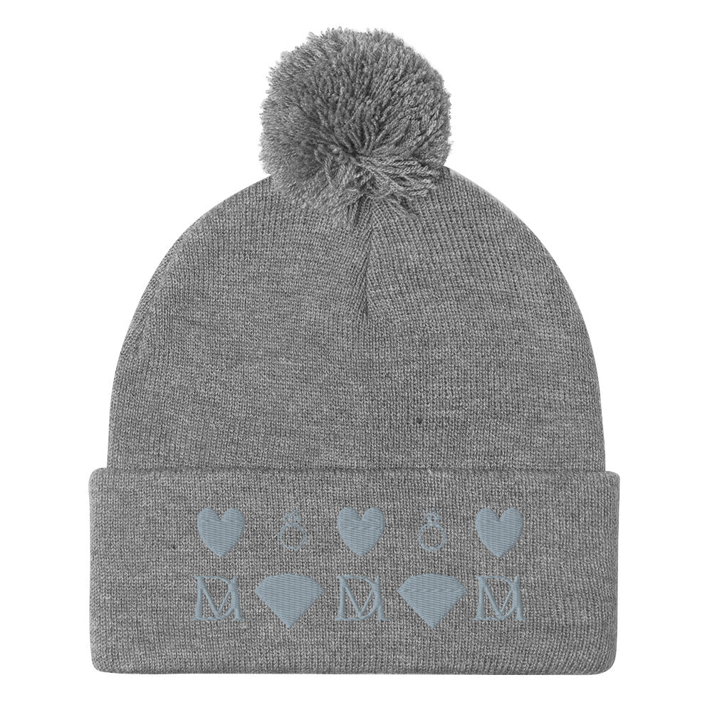 Daemon Luxury Stormless Portola berretto lana with pom-pom knit cap in heather grey, front view showing cozy wool design.
