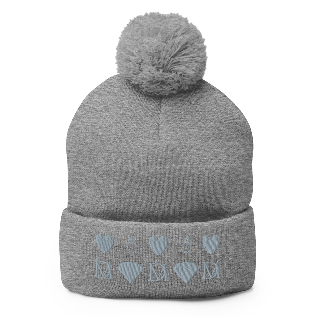 Daemon Luxury Stormless Portola berretto lana knit cap with pom-pom in heather grey, front view showing cozy, stylish winter hat.