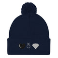 Daemon Luxury Elemental Powers Oceanic Nights navy knit pom-pom cap, cozy wool beanie with front design and soft texture.