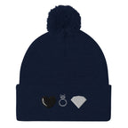 Daemon Luxury Elemental Powers Oceanic Nights navy knit pom-pom cap, cozy wool beanie with front design and soft texture.