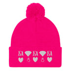 Frosted Diamonds stitched candies pom-pom knit cap in neon pink with front view, by Daemon Luxury.