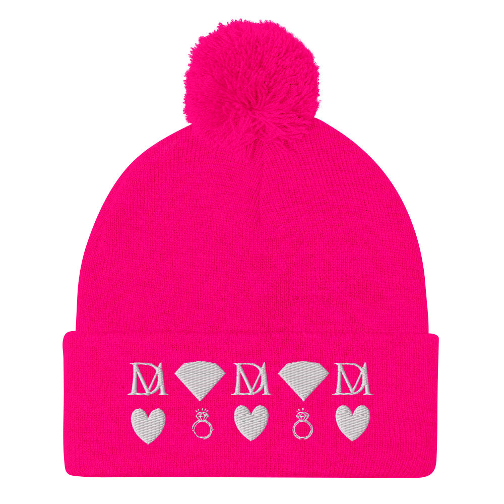Frosted Diamonds stitched candies pom-pom knit cap in neon pink with front view, by Daemon Luxury.