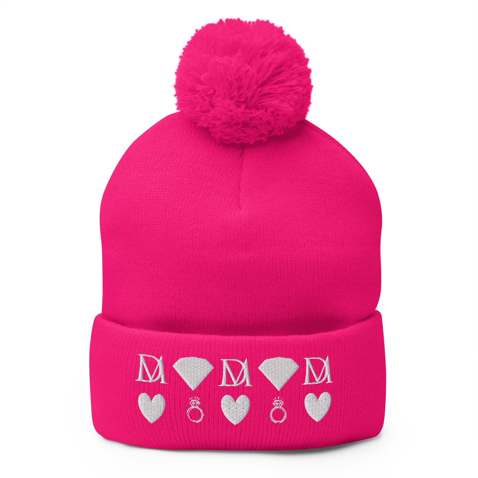 Frosted Diamonds stitched candies pom-pom-knit cap in neon pink by Daemon Luxury, front view showing cozy wool texture.