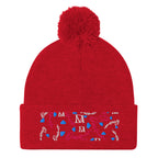 Red pom-pom knit cap from Daemon Luxury's Flash of Red Picasso Mirrors collection, featuring a cozy lana material and front view.