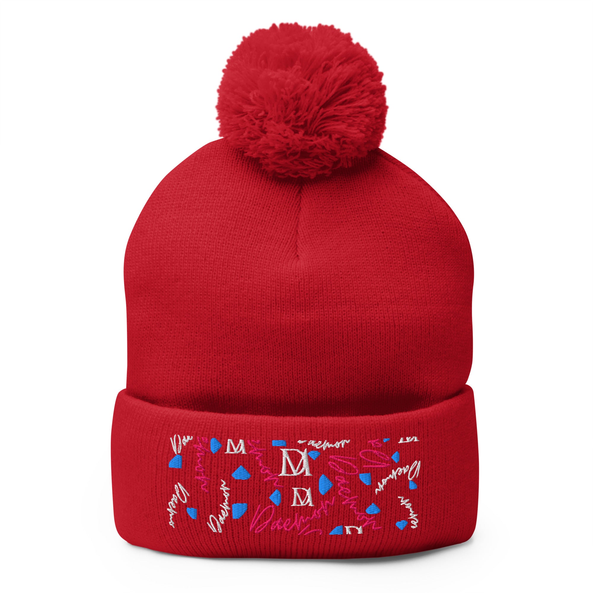 Red pom-pom-knit berretto lana cap from Daemon Luxury's Flash of Red Picasso Mirrors collection, featuring a front view.
