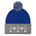 Daemon Luxury Storm Gen Frosted Diamonds wool pom-pom knit cap in royal heather grey, front view showing cozy winter style.