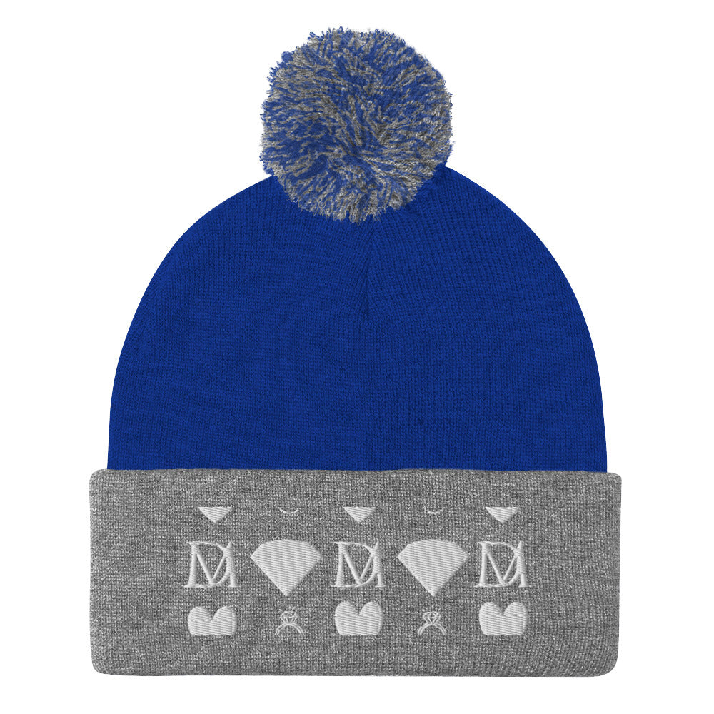 Daemon Luxury Storm Gen Frosted Diamonds wool pom-pom knit cap in royal heather grey, front view showing cozy winter style.