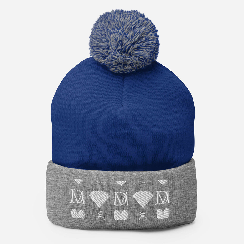 Daemon Luxury Storm Gen Frosted Diamonds wool pom-pom knit cap in royal heather grey with front design.