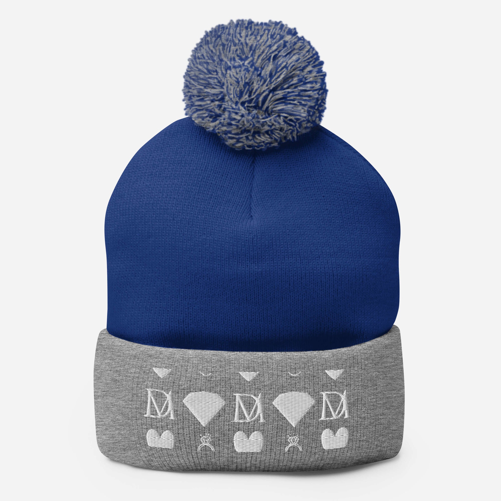 Daemon Luxury Storm Gen Frosted Diamonds wool pom-pom knit cap in royal heather grey with front design.