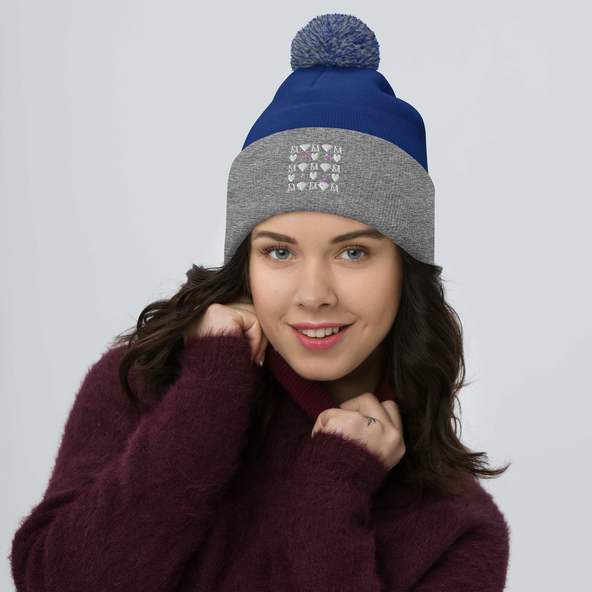Daemon Luxury Storm Gen Frosted Diamonds wool pom-pom knit cap in royal heather grey, front view