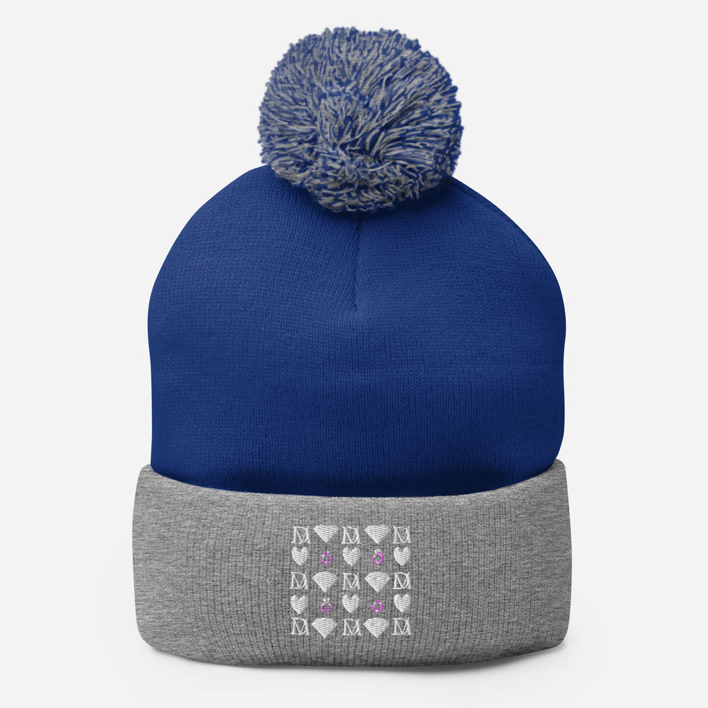 Daemon Luxury Storm Gen Frosted Diamonds wool knit cap with pom-pom in royal heather grey, front view showing textured design.