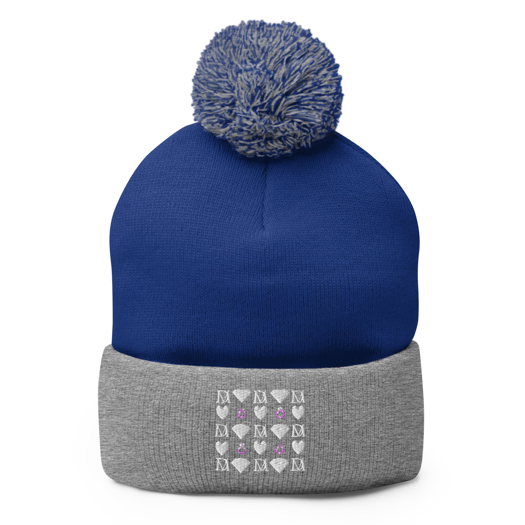 Daemon Luxury Storm Gen Frosted Diamonds wool beret with pom-pom knit in royal heather grey, front view.