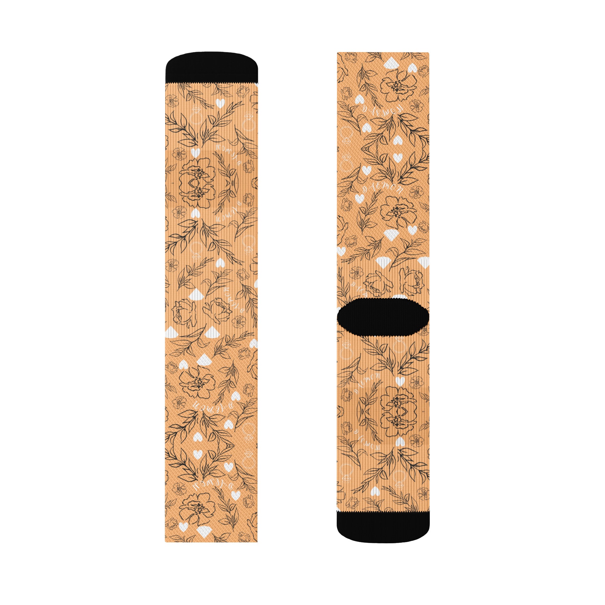 Daemon Luxury Florette Rebirth Sienna sublimation sock, left foot view, vibrant floral design on comfortable calf-length sock.