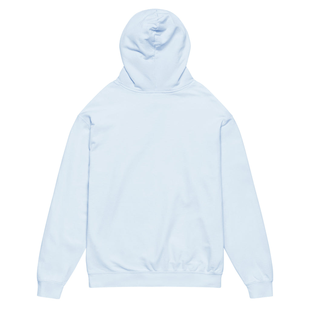 Daemon Oceanic Skyline unisex light fleece hoodie with garment dye, soft fabric, and a relaxed fit in Hydrangea color.
