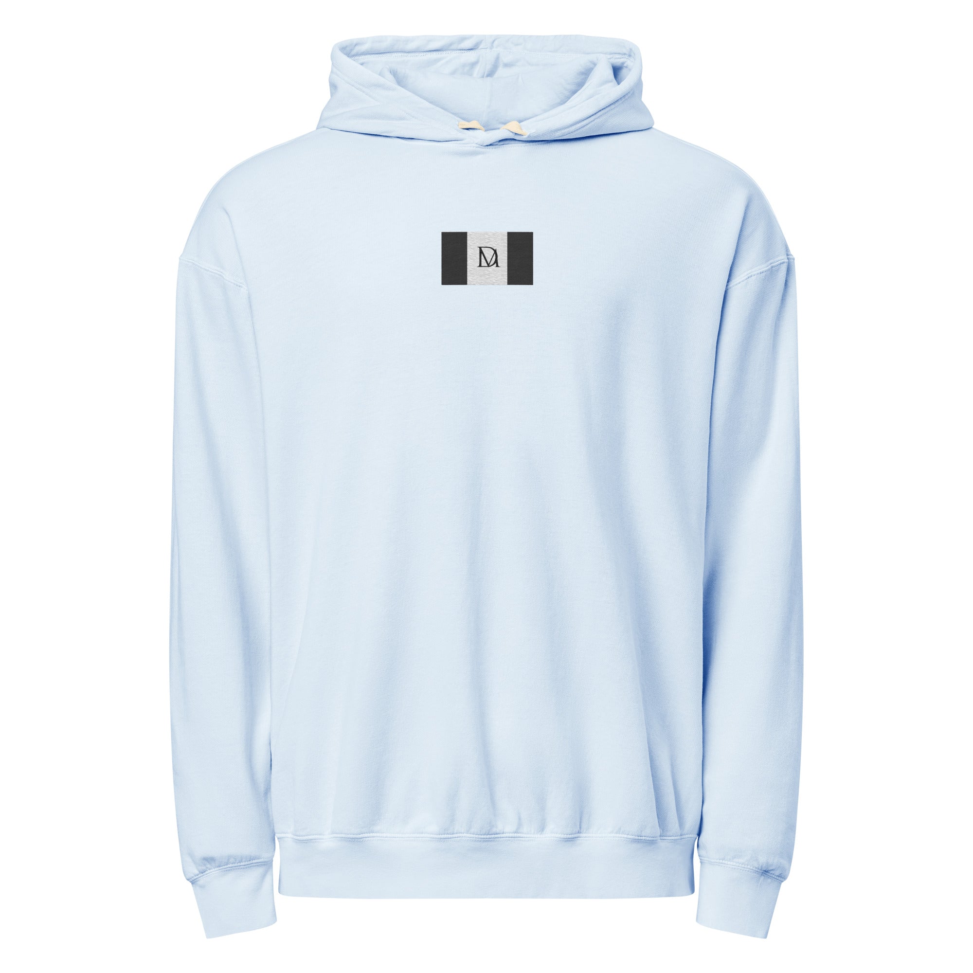 Daemon Oceanic Skyline unisex lightweight fleece hoodie in Hydrangea color, with front pocket and drawstring hood.