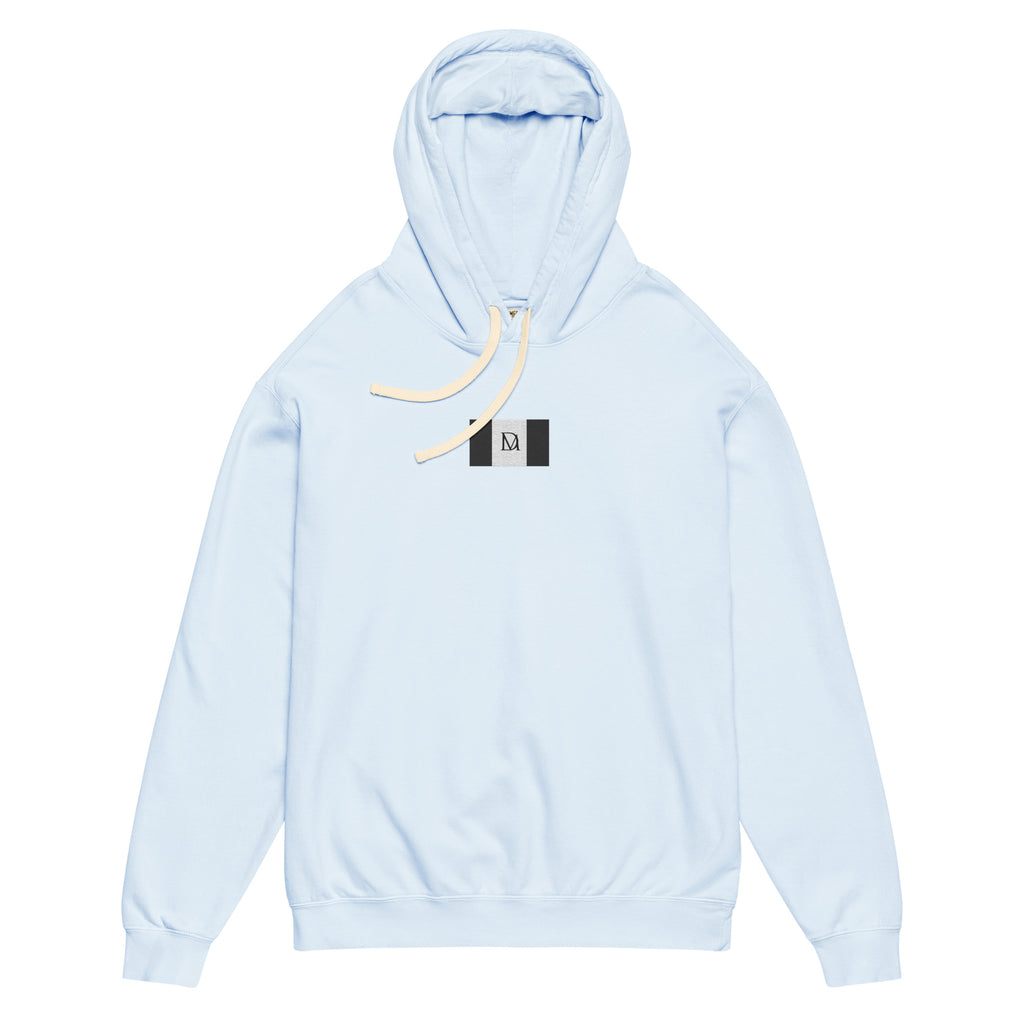 Daemon Oceanic Skyline unisex lightweight fleece hooded sweatshirt in comfort colors, hydrangea with front view.