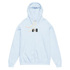 Daemon Oceanic Skyline unisex lightweight fleece hooded sweatshirt in comfort colors, hydrangea with front view.