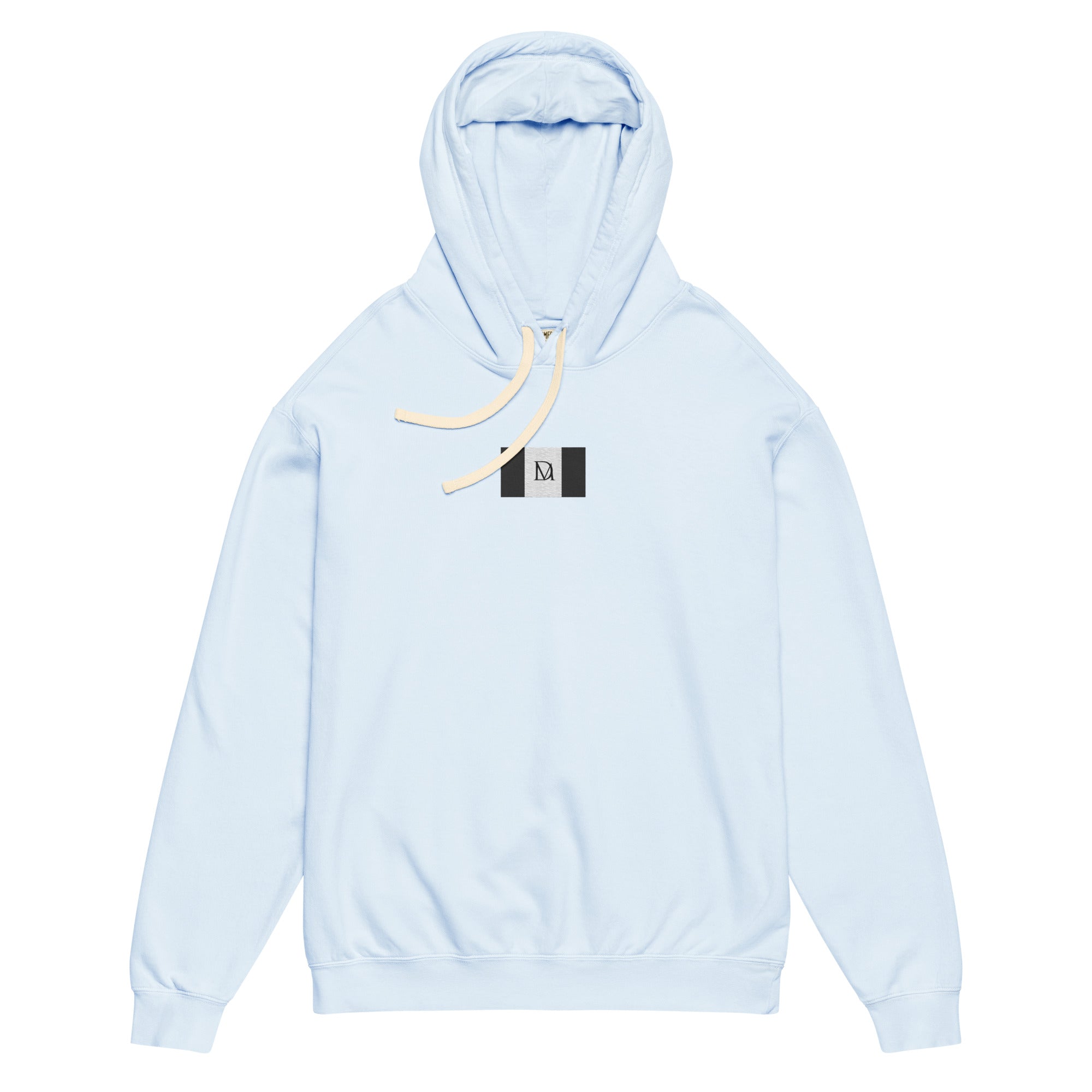 Daemon Oceanic Skyline unisex lightweight fleece hooded sweatshirt in comfort colors, hydrangea with front view.