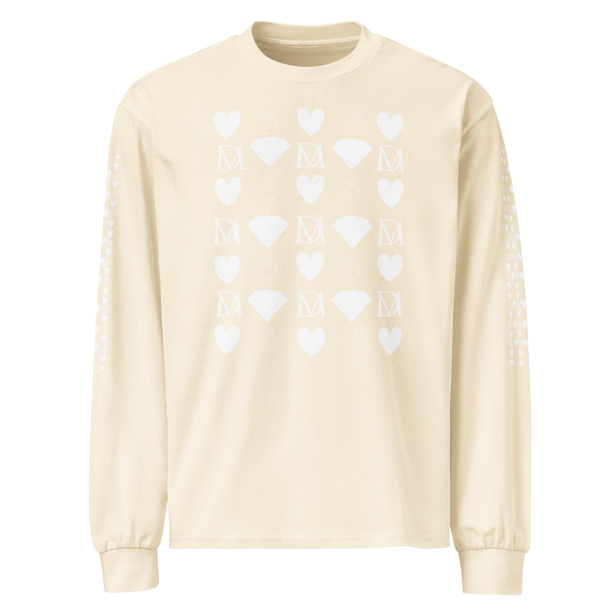 Unisex Frosted Diamonds Timbrata premium heavyweight long-sleeve shirt in ecru by Daemon Luxury, front view.