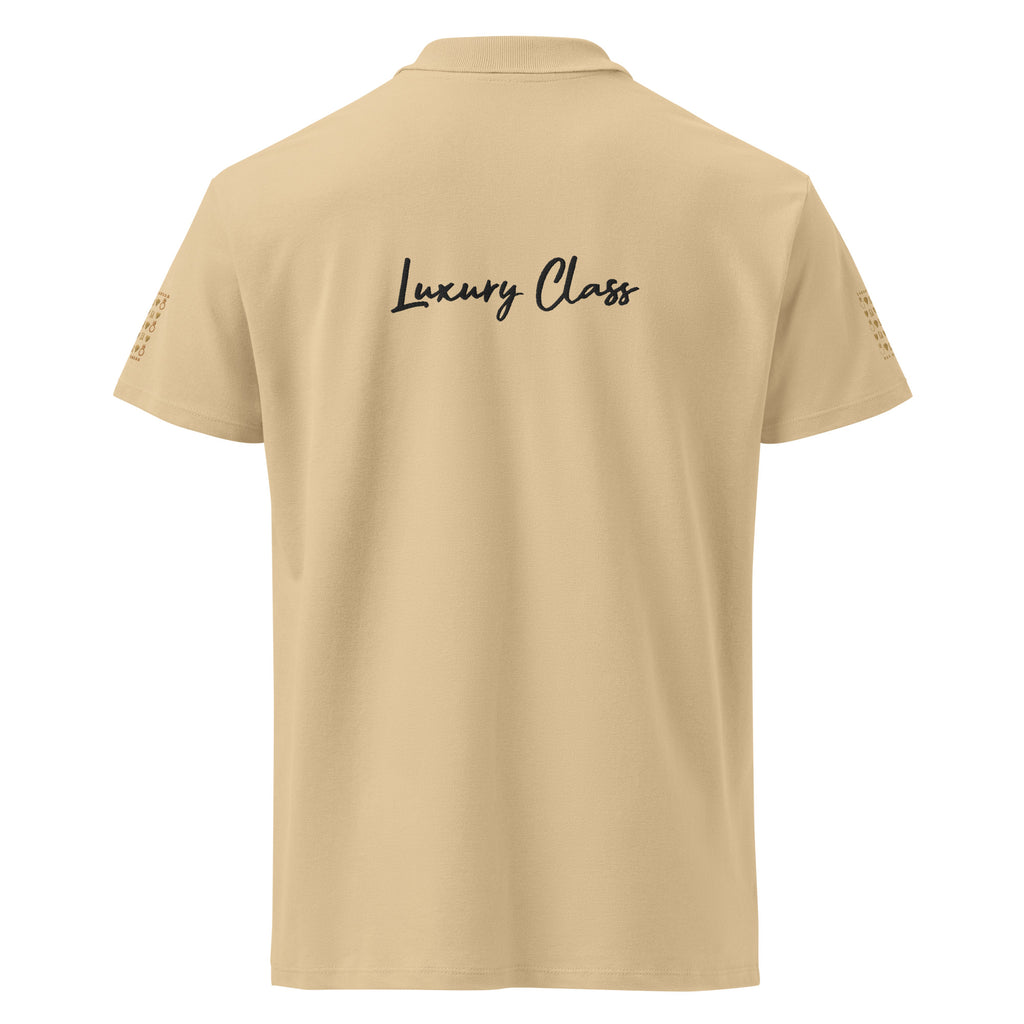 Unisex Daemon Luxury Picasso Mirrors stitched label premium pique polo shirt in sand, showing back view with collar and label details.