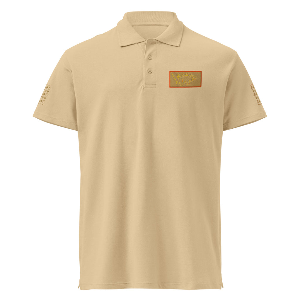 Unisex Premio il Man & Woman premium pique polo shirt by Daemon Luxury, sand color, front view with stitched label details.