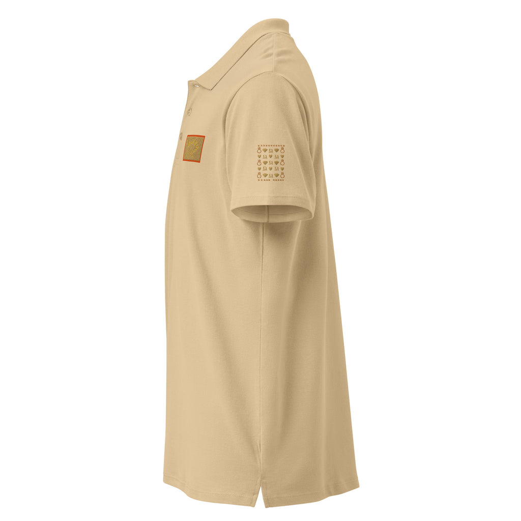 Unisex Daemon Luxury Picasso Mirrored Pique Polo Shirt with stitched label in sand color, front view showing collar and branding.