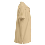 Unisex premium pique polo shirt from Daemon Luxury with Picasso Mirrors stitched label, in sand color, on a plain background.