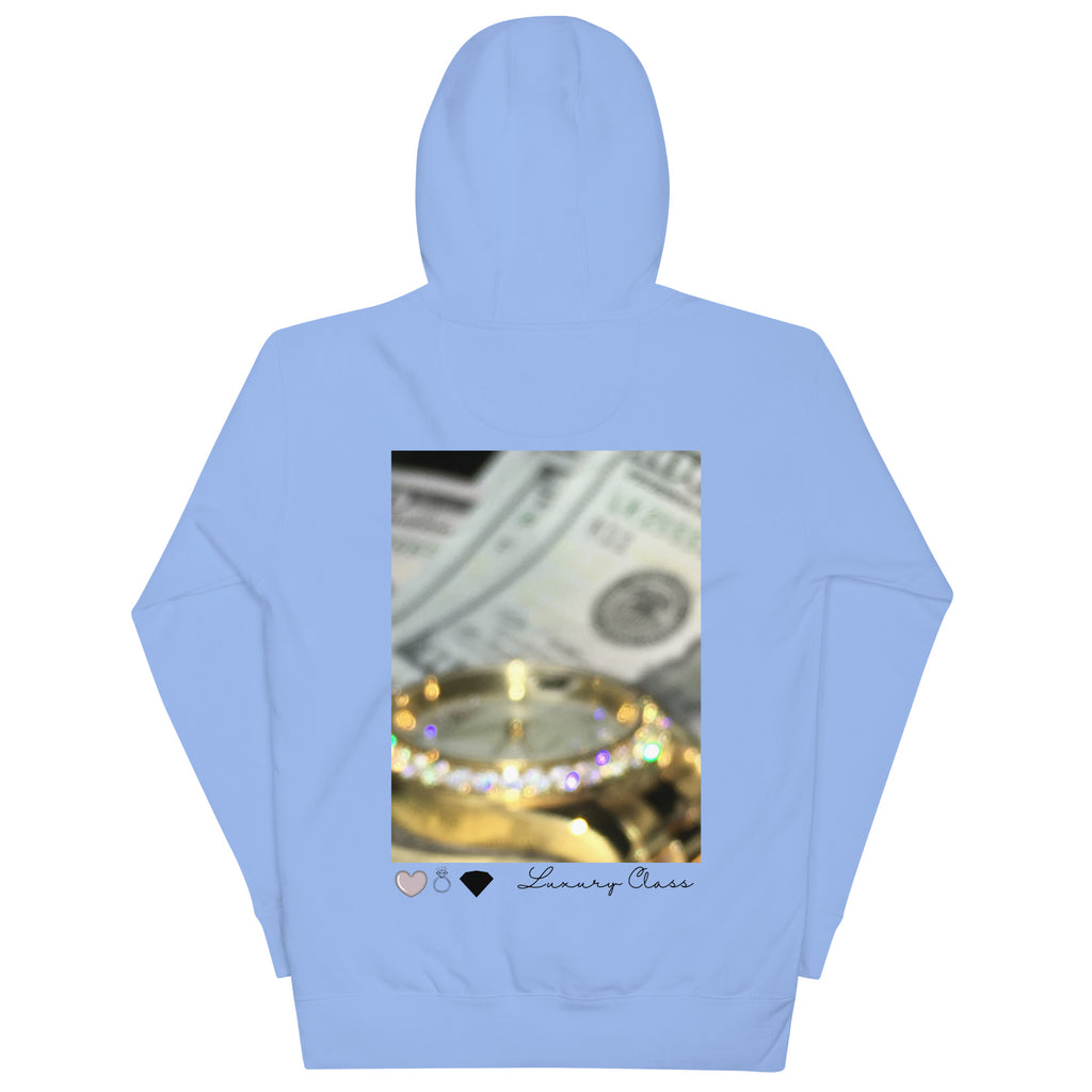 Unisex Carolina blue Daemon Luxury Paco Overseas Scale hoodie with front pocket and hood, back view.