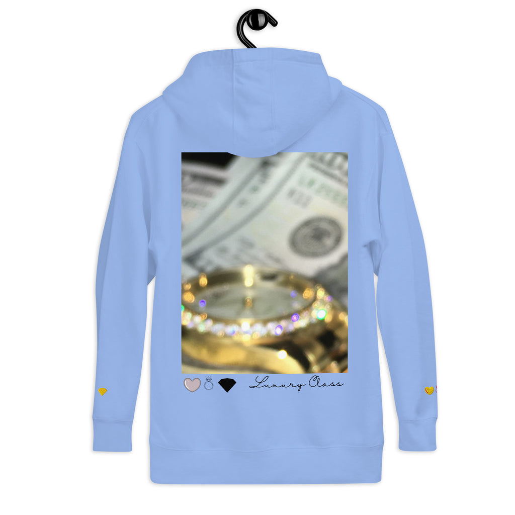 Unisex Carolina blue hoodie from Daemon Luxury's Overseas Scale Paco collection, featuring a relaxed fit and soft fabric.