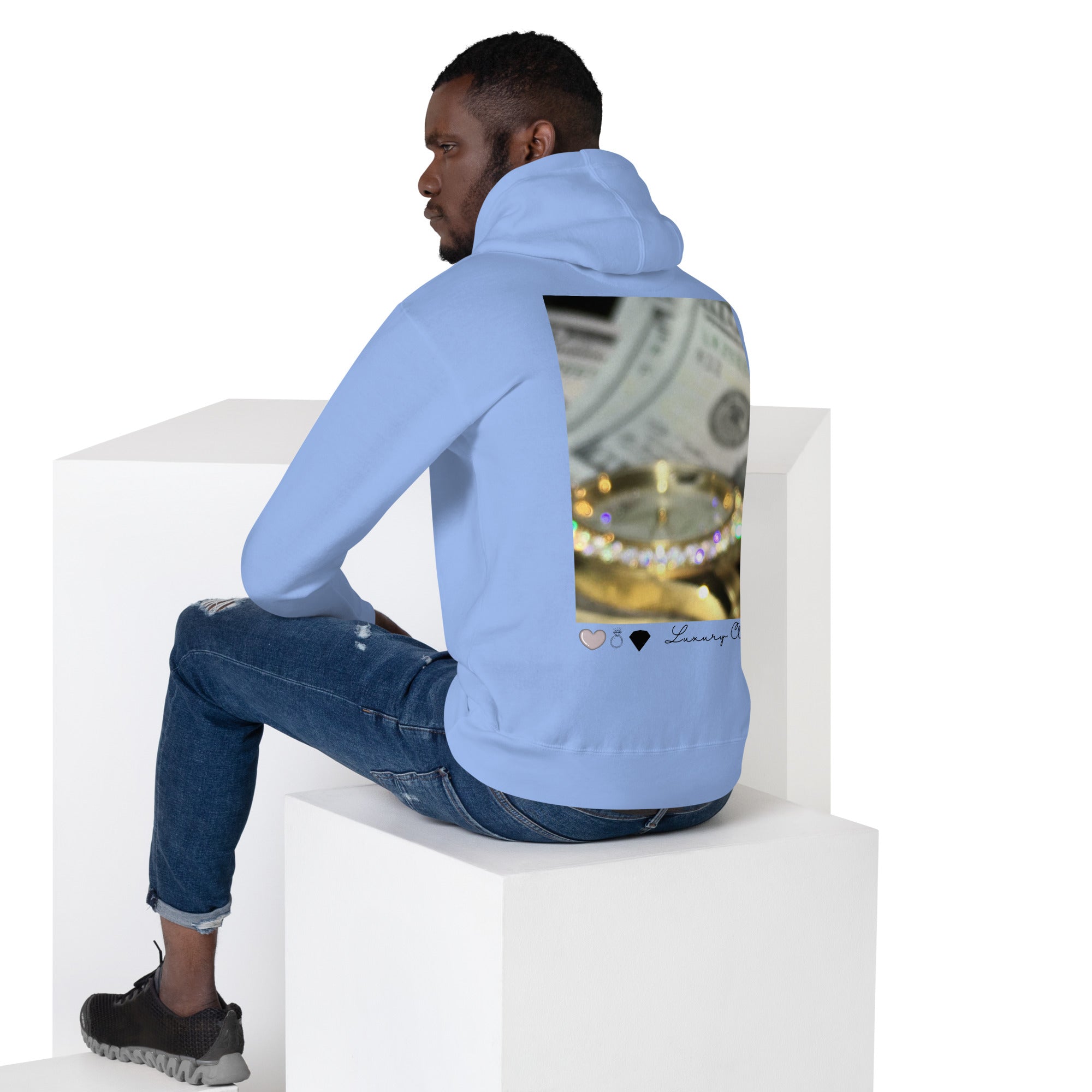 Unisex Carolina blue Daemon Luxury Overseas Scale Paco hoodie with front pocket and hood, back view.