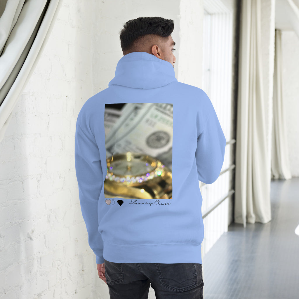 Unisex Carolina blue Daemon Luxury Overseas Scale Paco hoodie with front logo and back design, premium pullover with hood