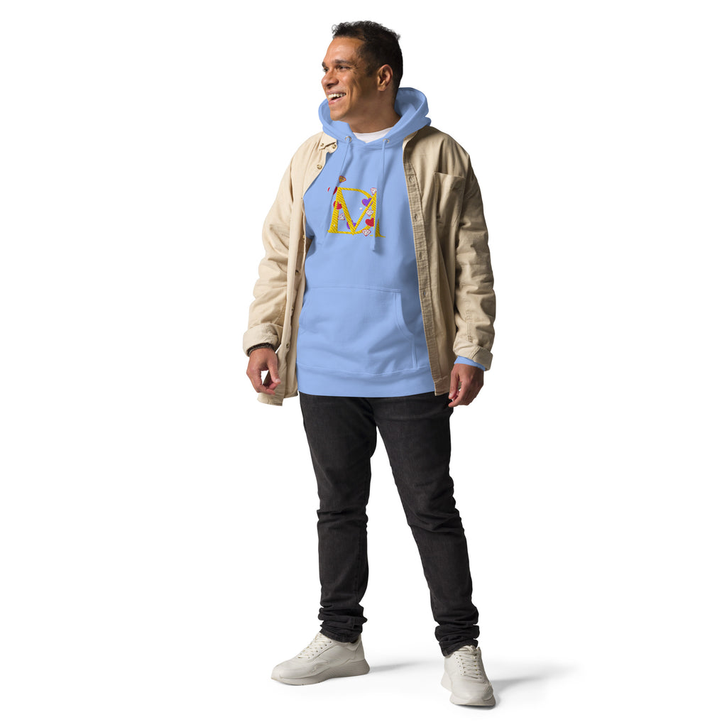 Unisex Carolina blue hoodie from Daemon Luxury's Overseas Scale Paco collection, featuring a front view with a relaxed fit.