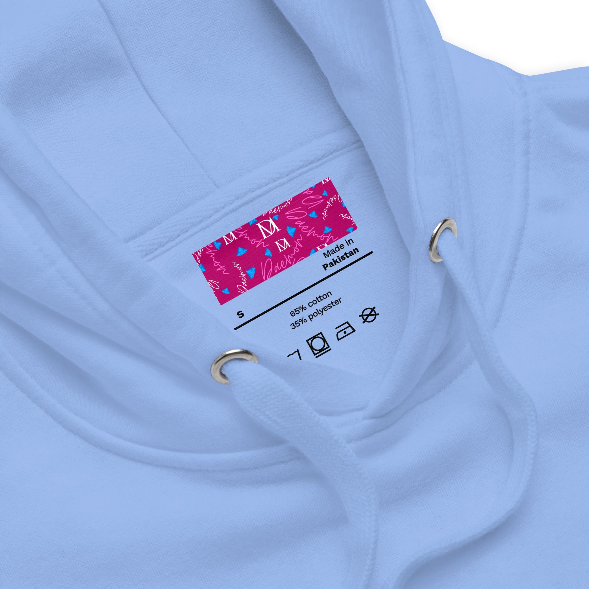Unisex Carolina blue hoodie from Daemon Luxury's Overseas Scale Paco collection, featuring a premium pullover design with hood.