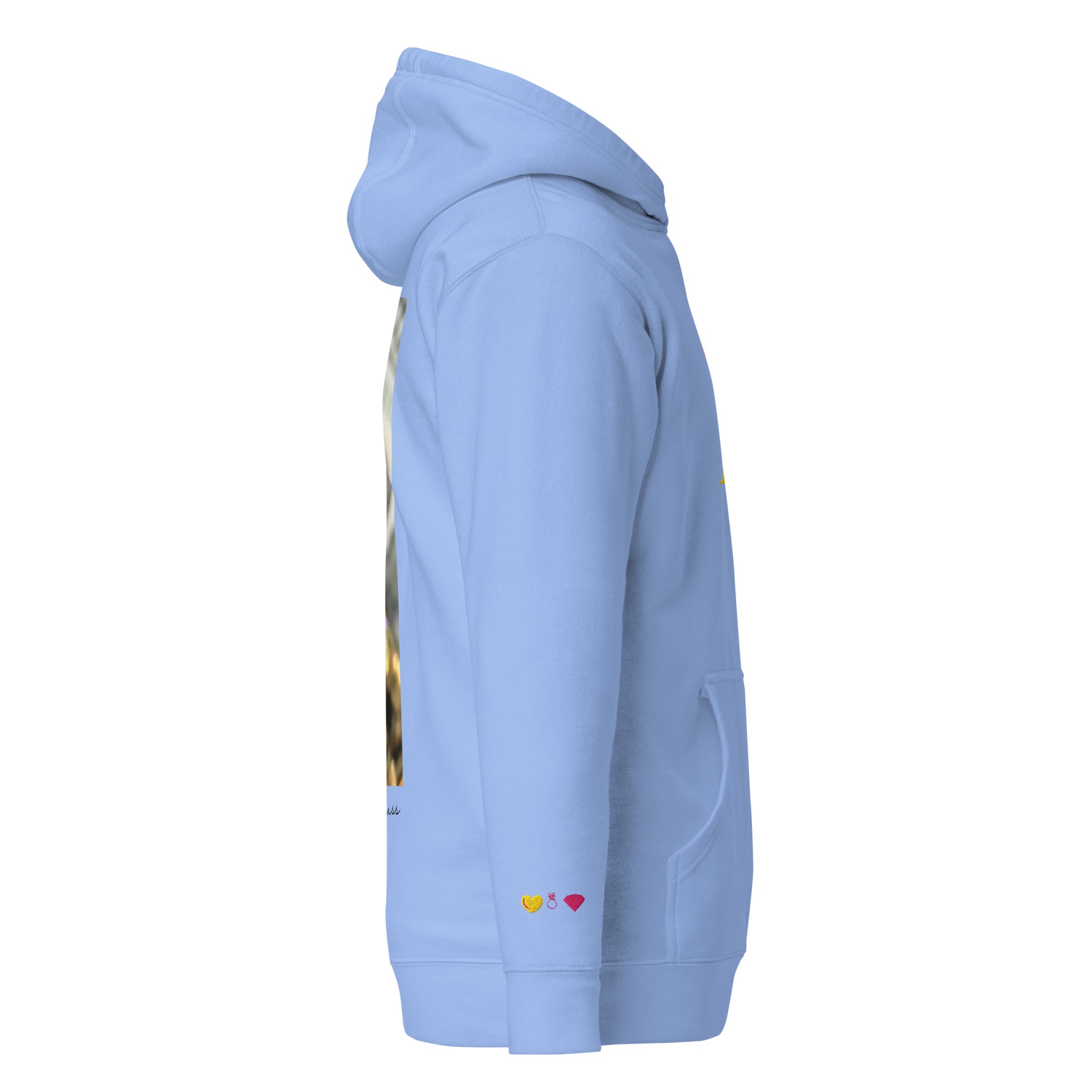 Unisex Carolina blue Daemon Luxury Paco hoodie with front pocket and hood, made from premium materials.