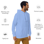Unisex Carolina blue hoodie from Daemon Luxury with a front pocket and adjustable drawstrings, casual streetwear style.