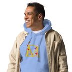 Unisex Carolina blue hoodie from Daemon Luxury with "Overseas Scale (Paco)" print, featuring a front view and hood detail.