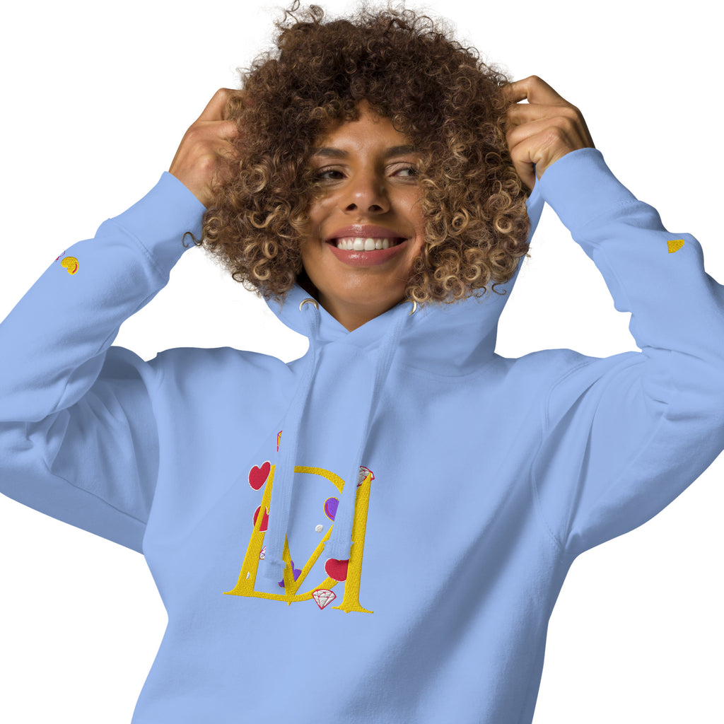 Unisex Carolina blue Daemon Luxury Paco overseas scale hoodie with a hood, premium pullover design, close-up of fabric and details.