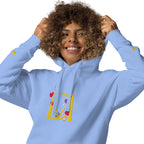 Unisex Carolina blue Daemon Luxury Paco overseas scale hoodie with a hood, premium pullover design, close-up of fabric and details.