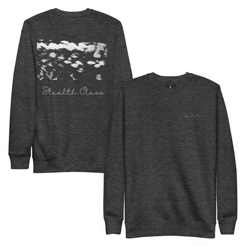 Daemon Serpentine Columbiana .1 unisex premium charcoal Heather sweatshirt, front and back view.