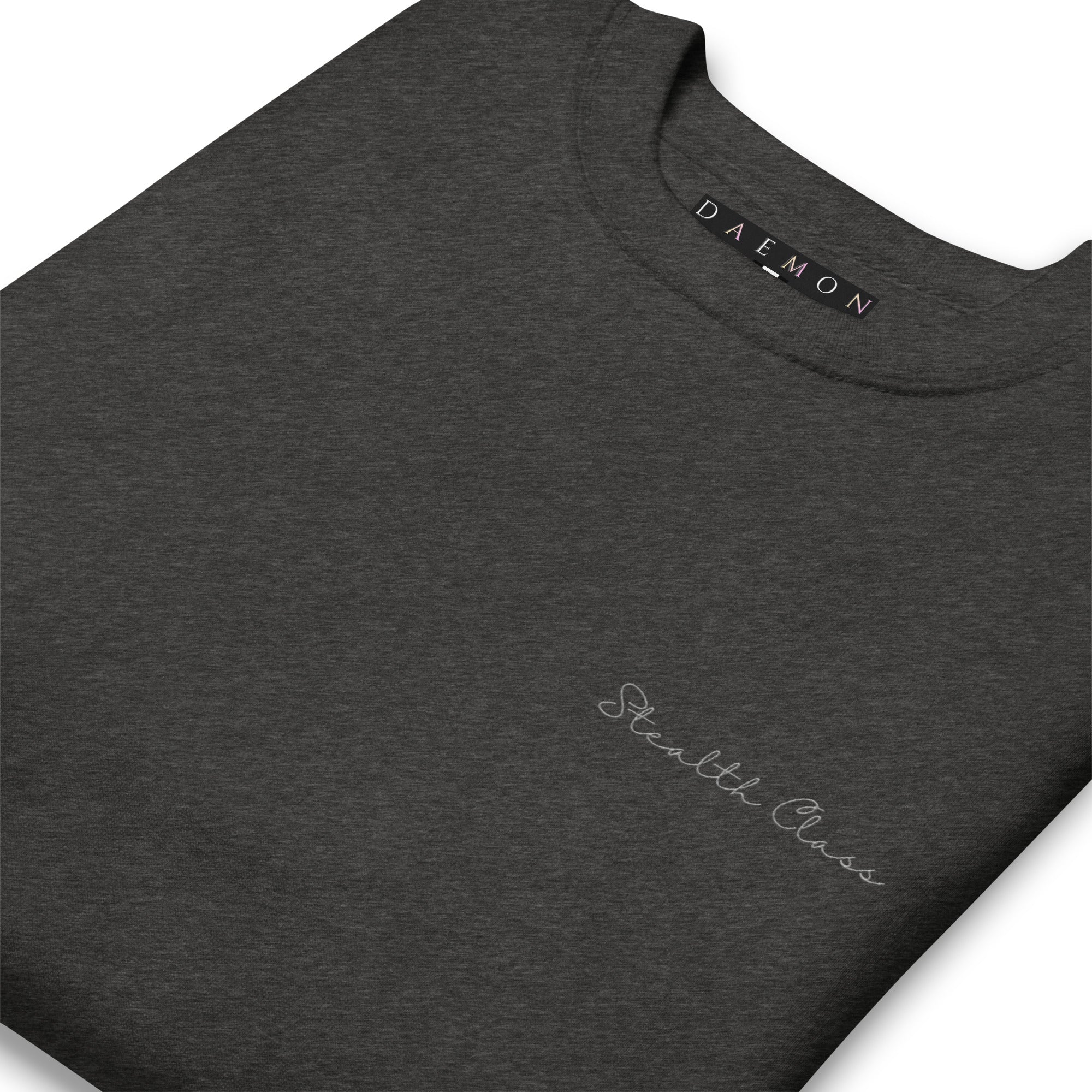 Unisex Serpentine Columbiana .1 Felpa sweatshirt by Daemon in charcoal heather, close-up showing fabric texture and design details.