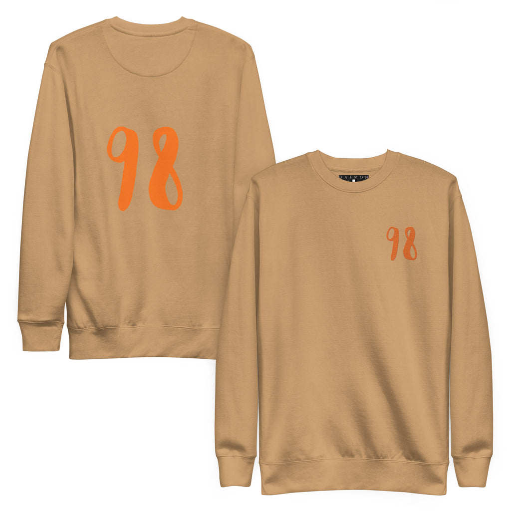 Unisex khaki Daemon Honey Butter sweatshirt with front and back view, premium cotton hoodie with a relaxed fit.