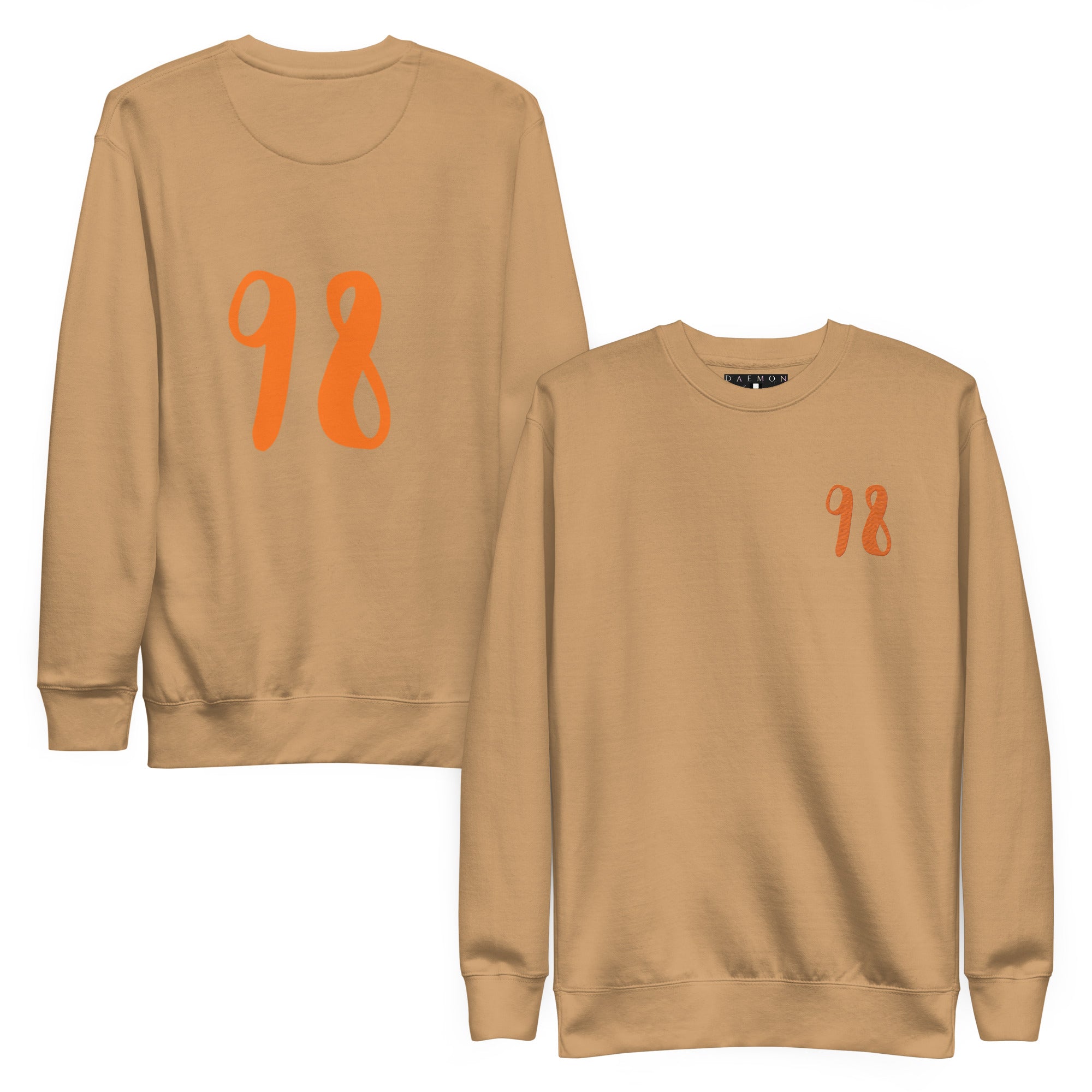 Unisex khaki Daemon Honey Butter sweatshirt with front and back view, premium cotton hoodie with a relaxed fit.