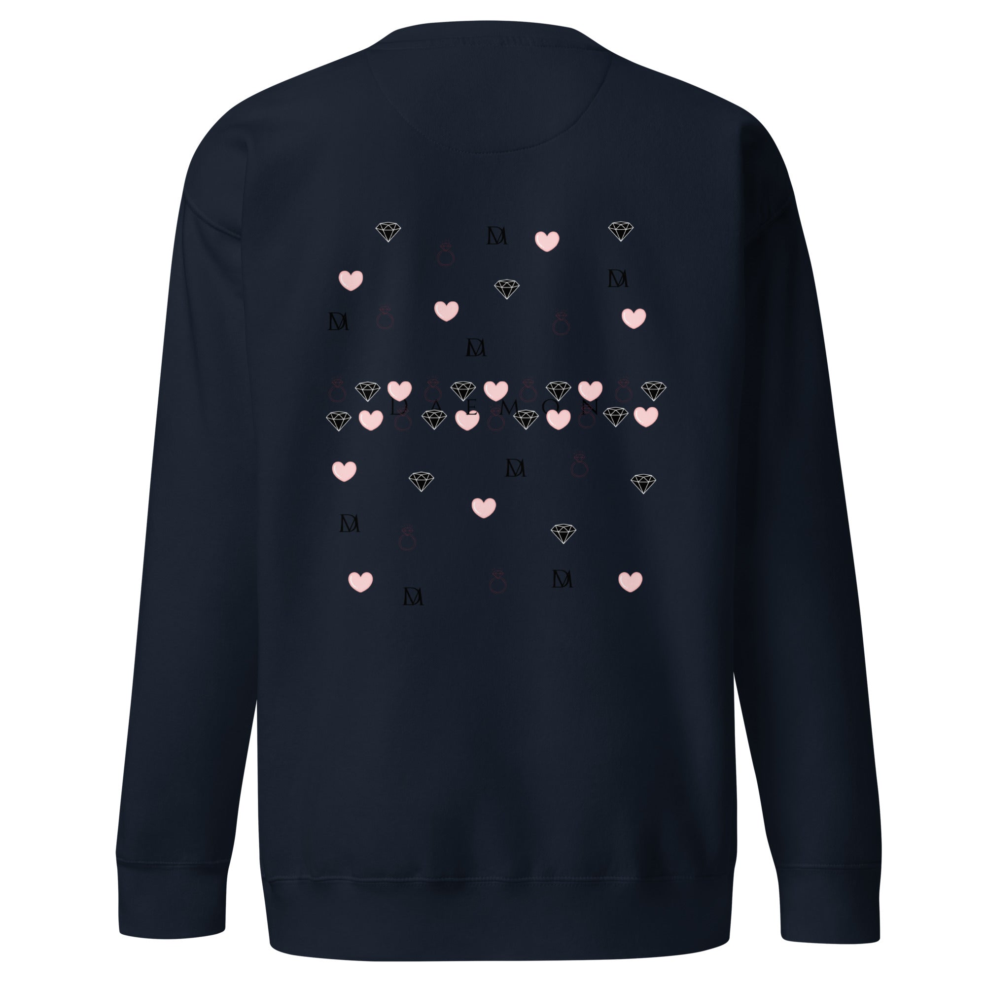 Daemon Oceanic Nights unisex navy blazer sweatshirt, premium fleece fabric, relaxed fit, front and back view.