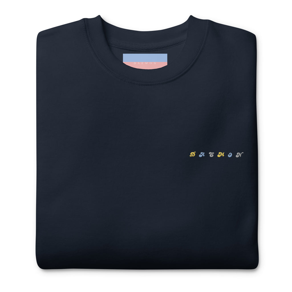 Daemon Oceanic Nights unisex navy blazer sweatshirt, premium cotton fabric, front view showcasing stylish casual design.