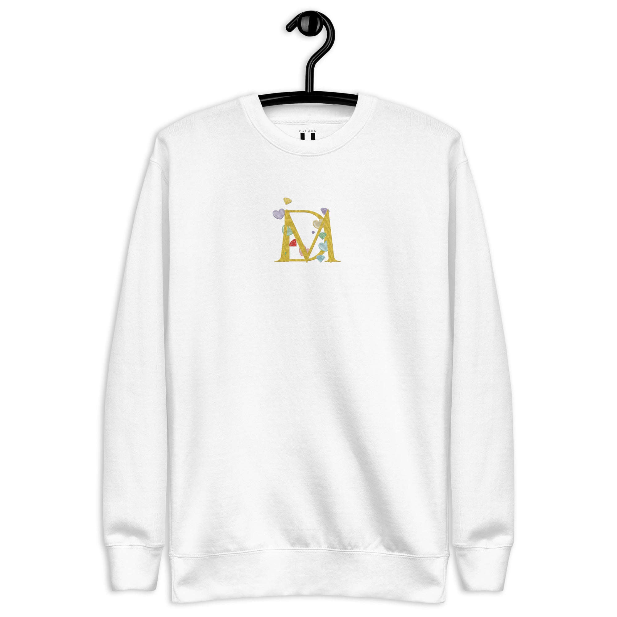 Daemon Las Palmas unisex white fleece sweatshirt with front design, premium casual sweatshirt for everyday wear.