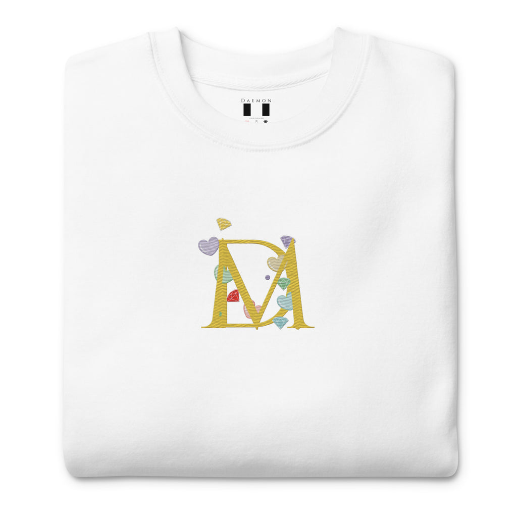 Daemon Las Palmas unisex white fleece sweatshirt with front view, showcasing a cozy, premium cotton blend sweatshirt.