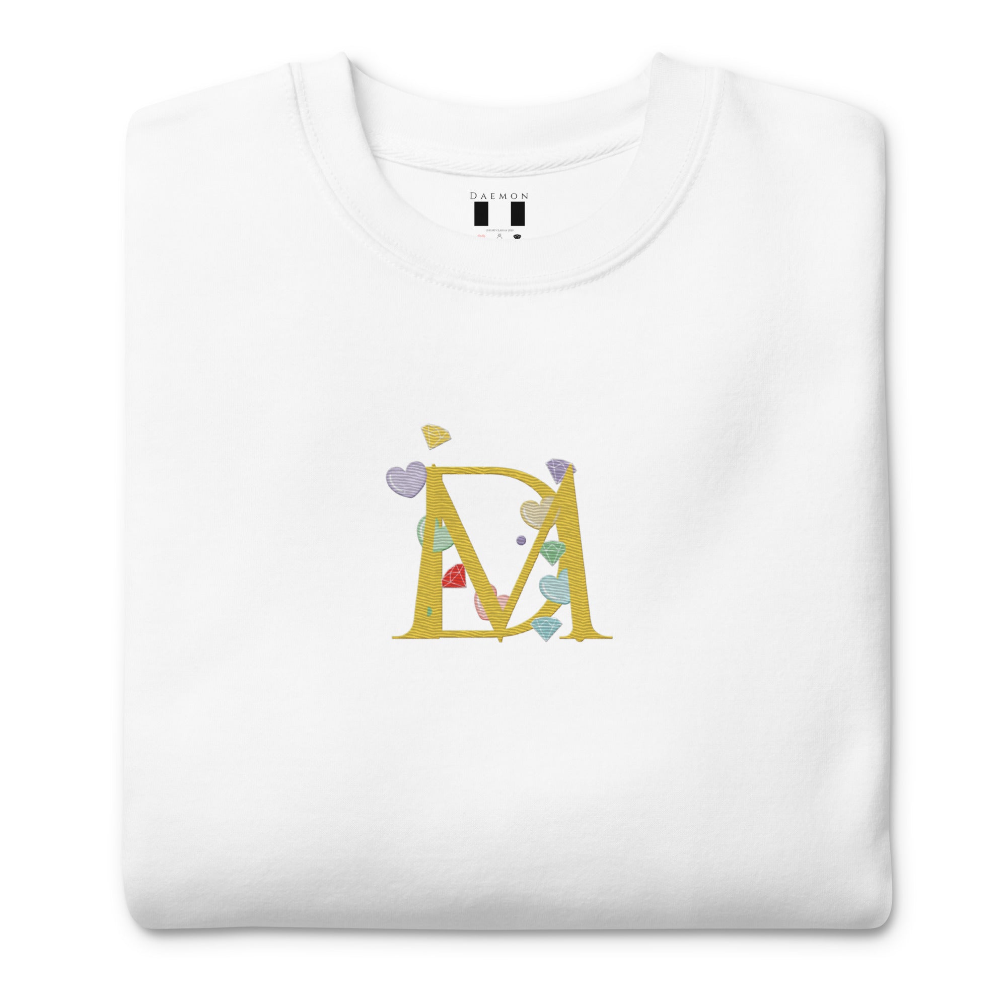 Daemon Las Palmas unisex white fleece sweatshirt with front view, showcasing a cozy, premium cotton blend sweatshirt.